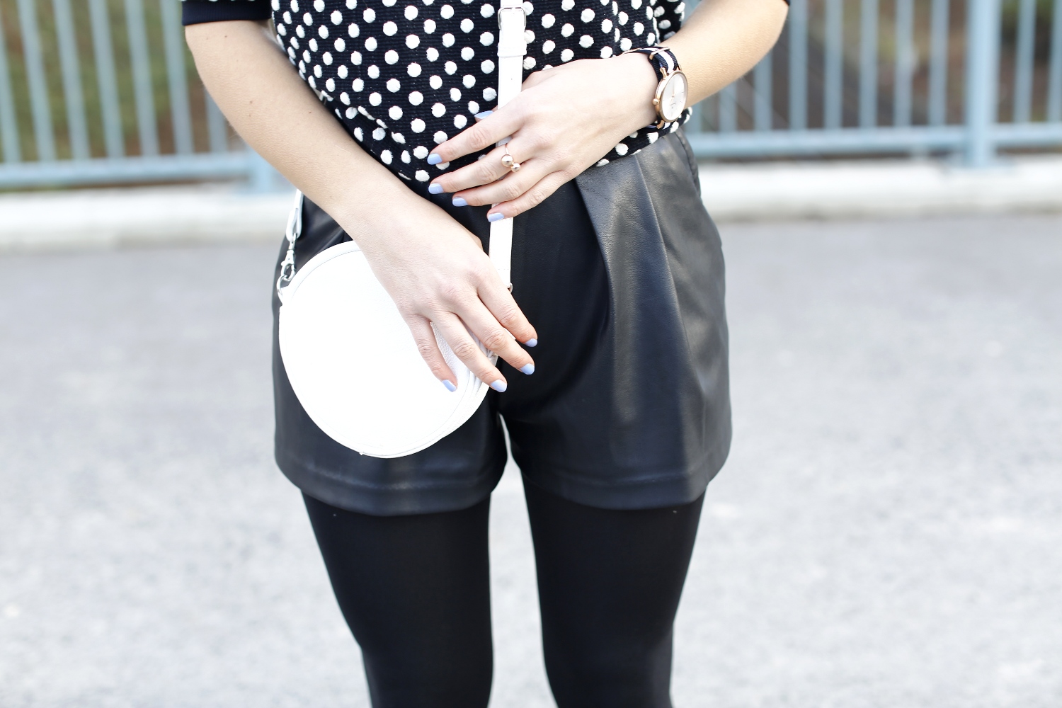 manila grace sweater dots polka dots crop pullover leather shorts leather mini skirt