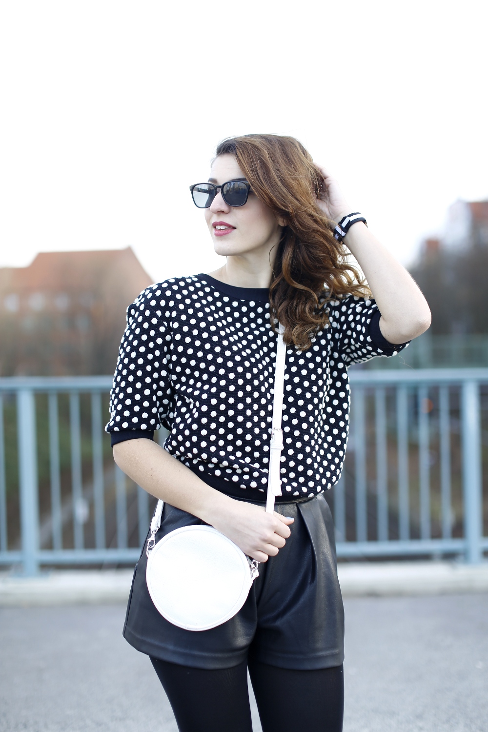 manila grace sweater dots polka dots crop pullover leather shorts leather mini skirt
