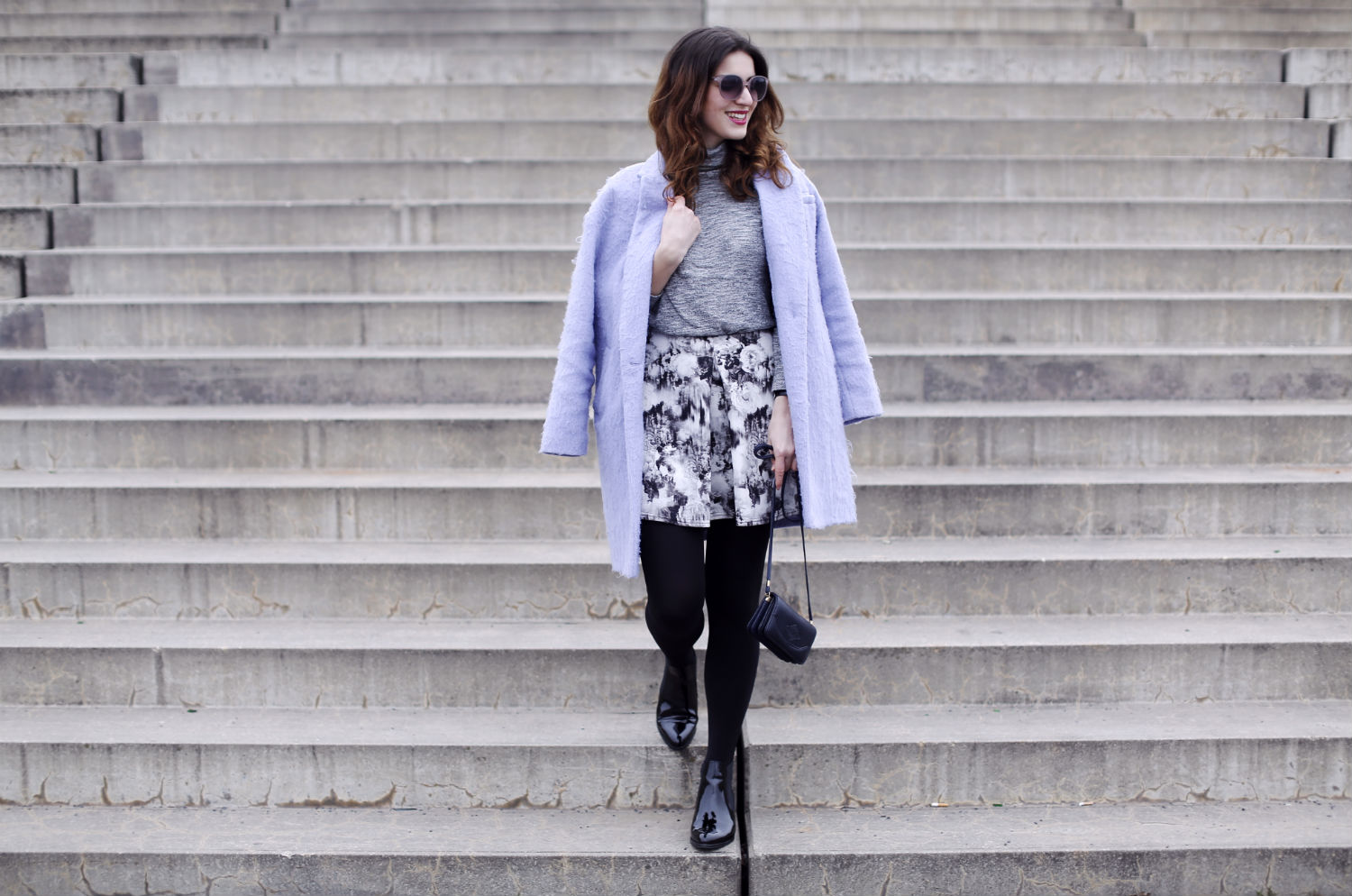 lilac coat serenity pantone outfit zara turtle neck shirt oh my love skater skirt vintage bag pointed boots patent leather sacha shoes