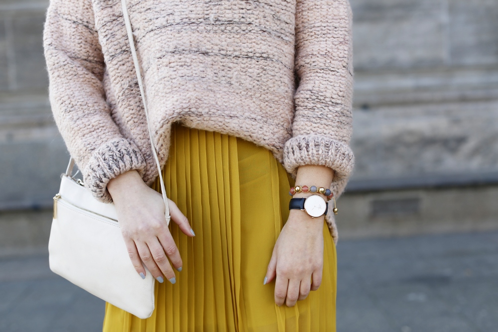 Spring look with soft candy colours including a Yellow Silk Skirt from Stefanel, a chunky blush sweater from mango and adidas superstars sneakers.