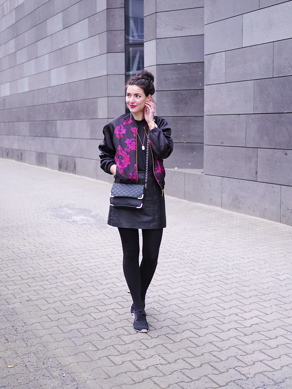 closet embroidered bomber jacket leather skirt mini a line rollneck turtleneck shirt sweater oasis asos chain bag across black tights nike sneakers streetstyle fashion berlin winter spring look