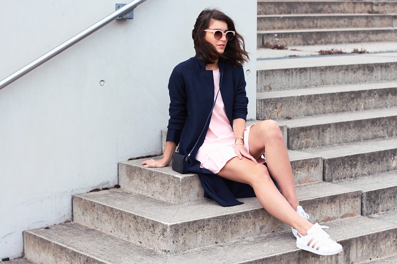 pink ruffle dress reserved shift fitted coat blue color trend 2017 how to wear style streetstyle berlin blog samieze adidas superstar