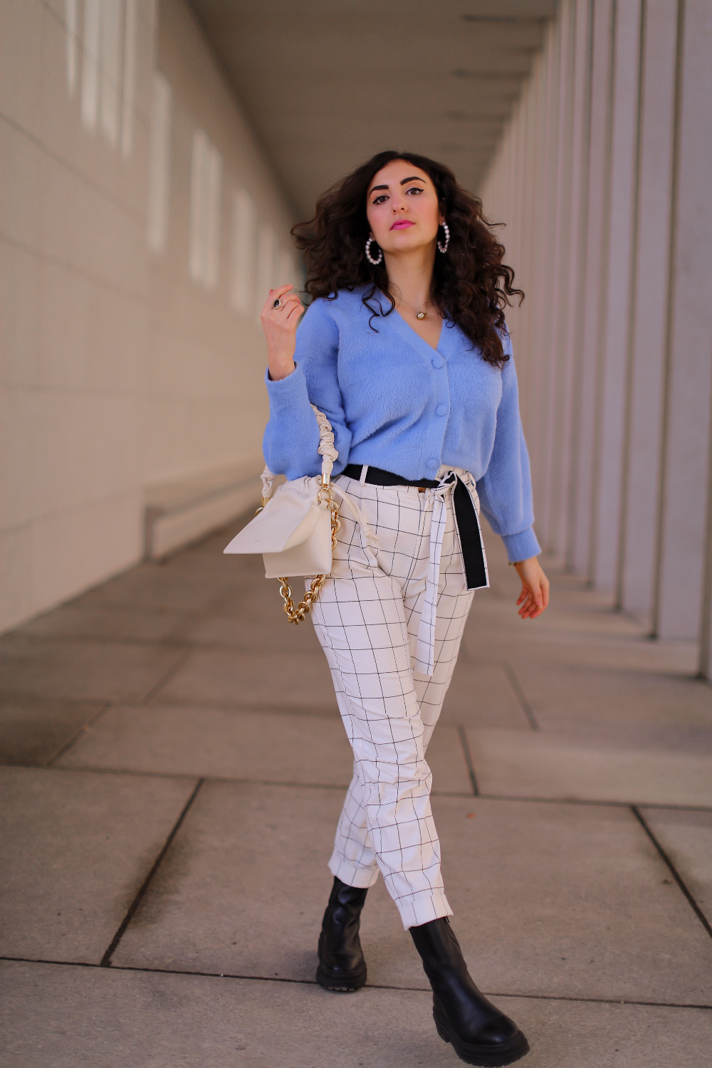 cropped cardigan spring style white pants 2021 sacha chucnky boots samieze outfitpost