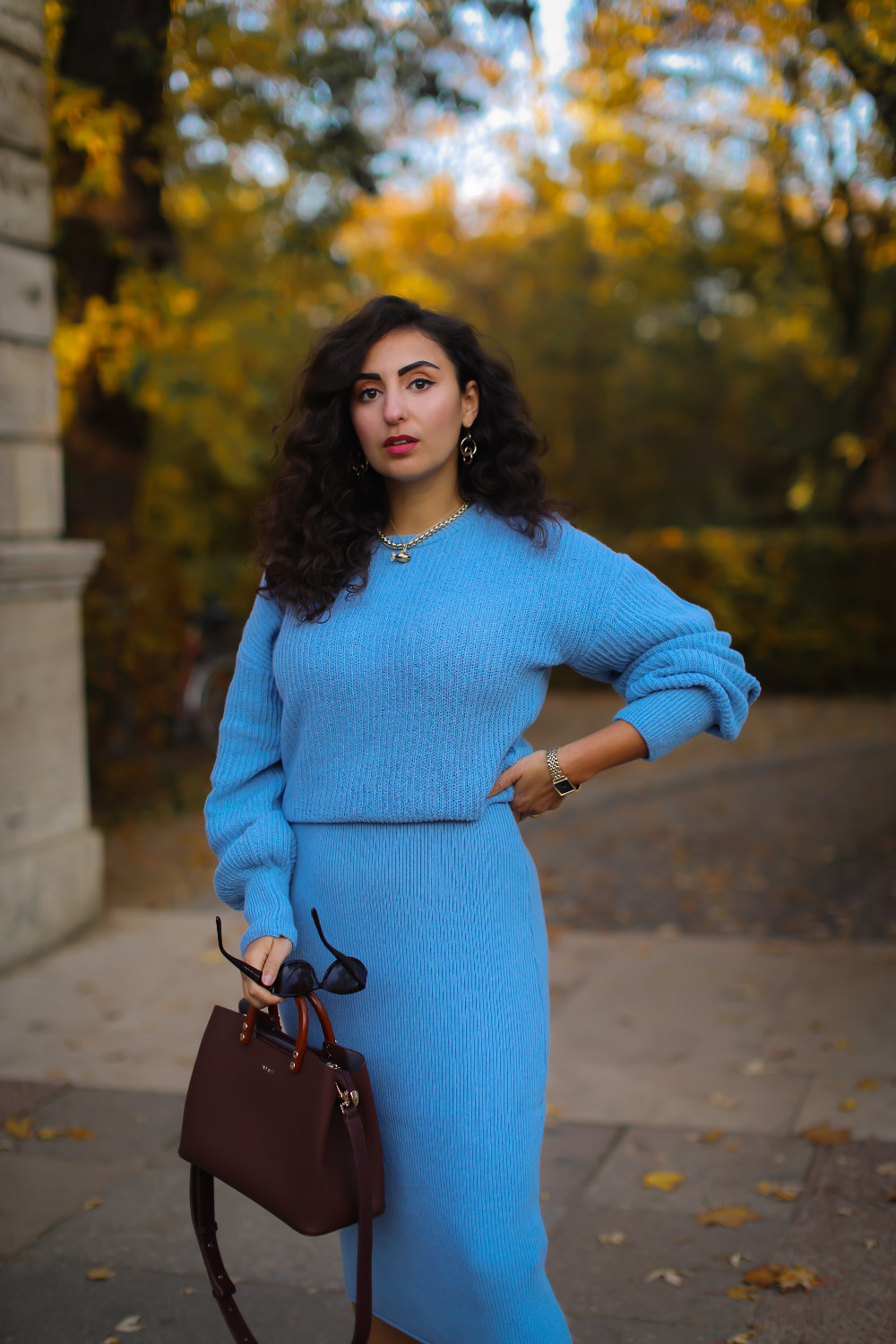blue knitted coordinate knit dress lightblue winter look 2021 berlin
