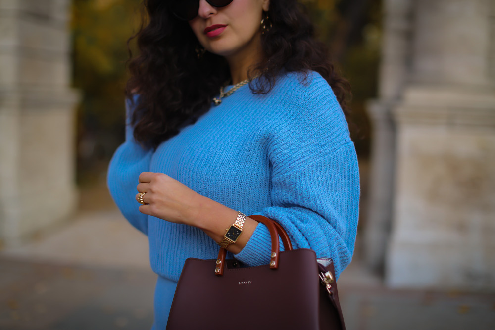 blue knitted coordinate knit dress lightblue winter look 2021 berlin