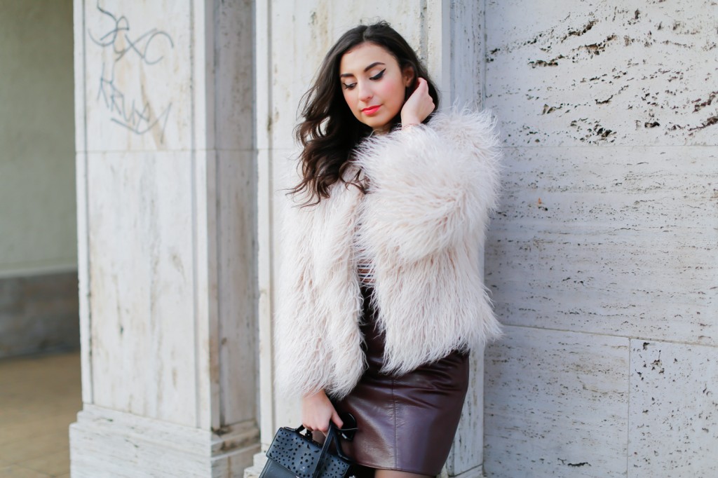 Transition to Spring // Leather Mini Skirt and Fuzzy Jacket ...