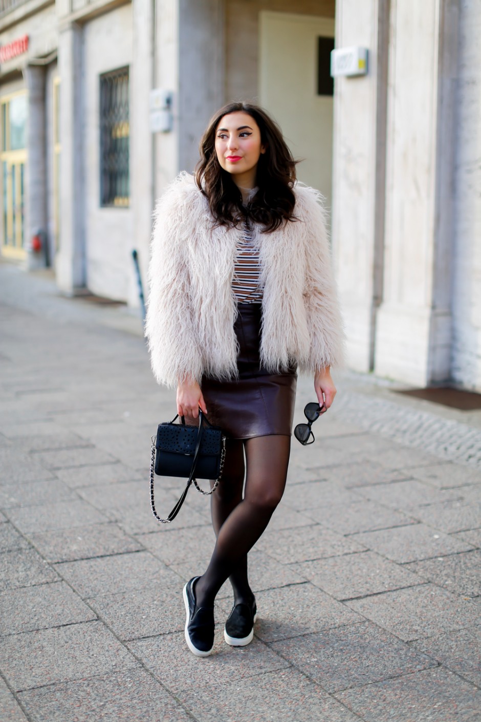 Transition to Spring // Leather Mini Skirt and Fuzzy Jacket ...