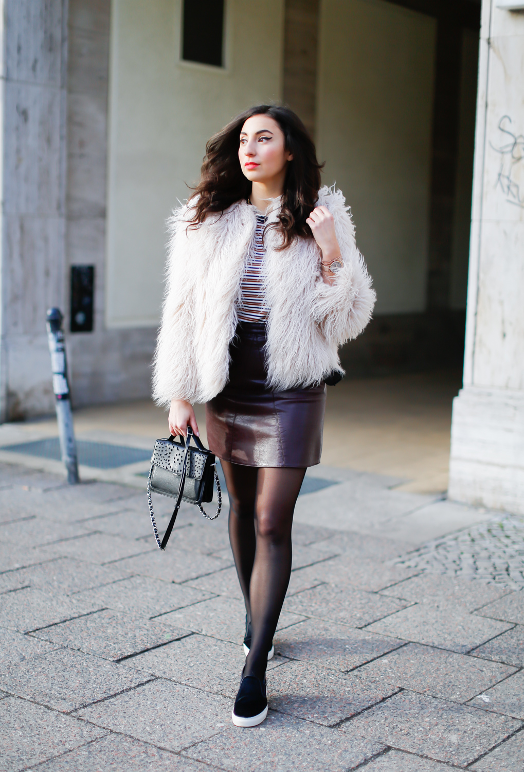 Transition to Spring // Leather Mini Skirt and Fuzzy Jacket – Fashion ...